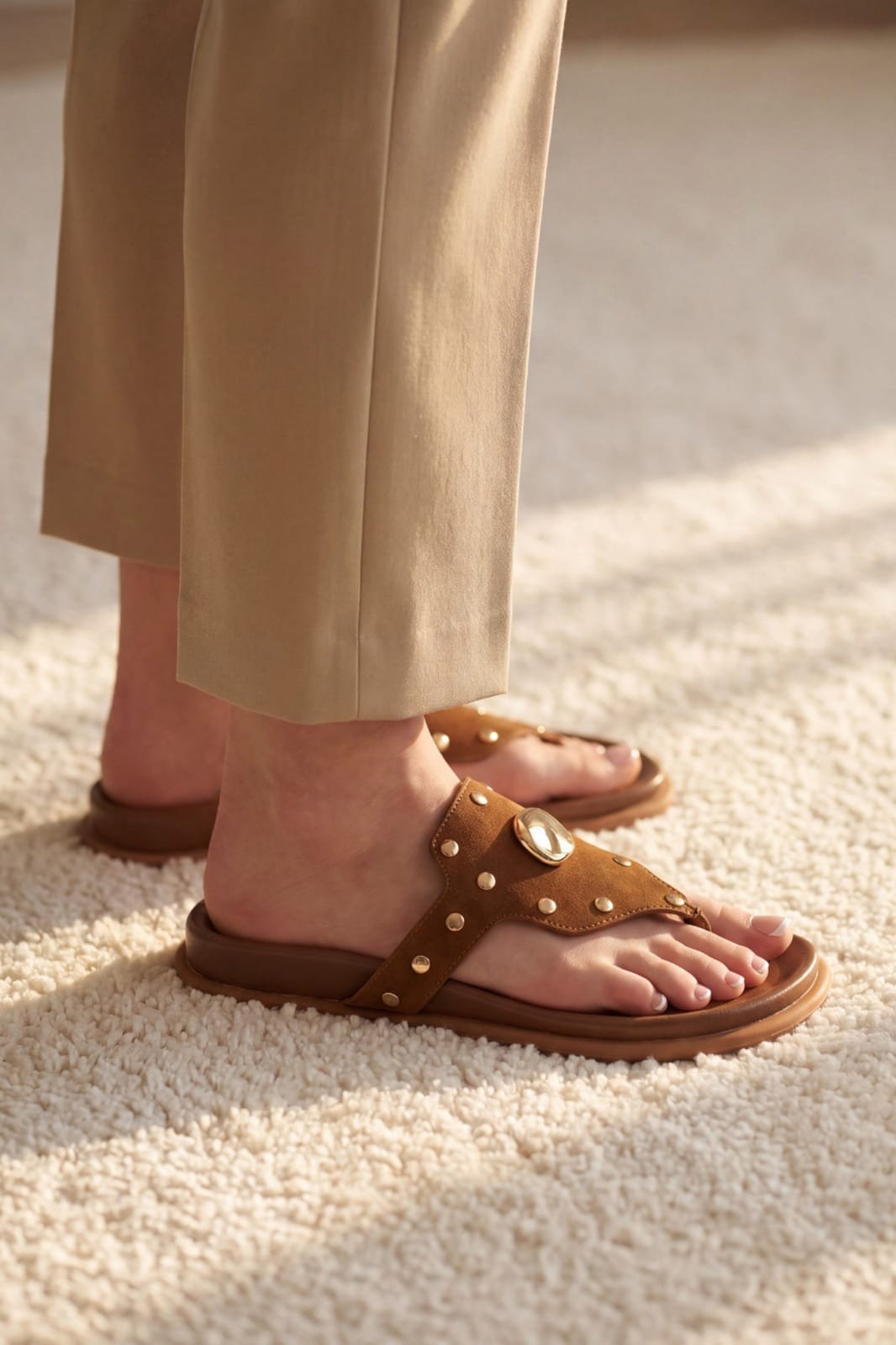 JULKÉ Rhea slide in russet brown from Comfort Cloud Walk collection with shell and stud details - side angled on-foot view