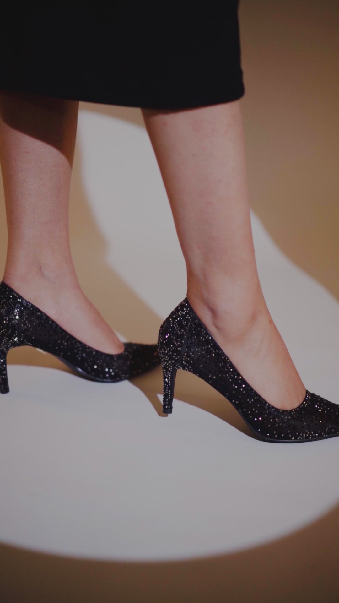 Women's pointed toe heel pumps in black and light gold colours with sequin diamantes and shoe mesh by JULKE