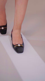 Women's light gray and black block heel slingback shoes with square toe and  matching pearl and satin brooch by JULKE.