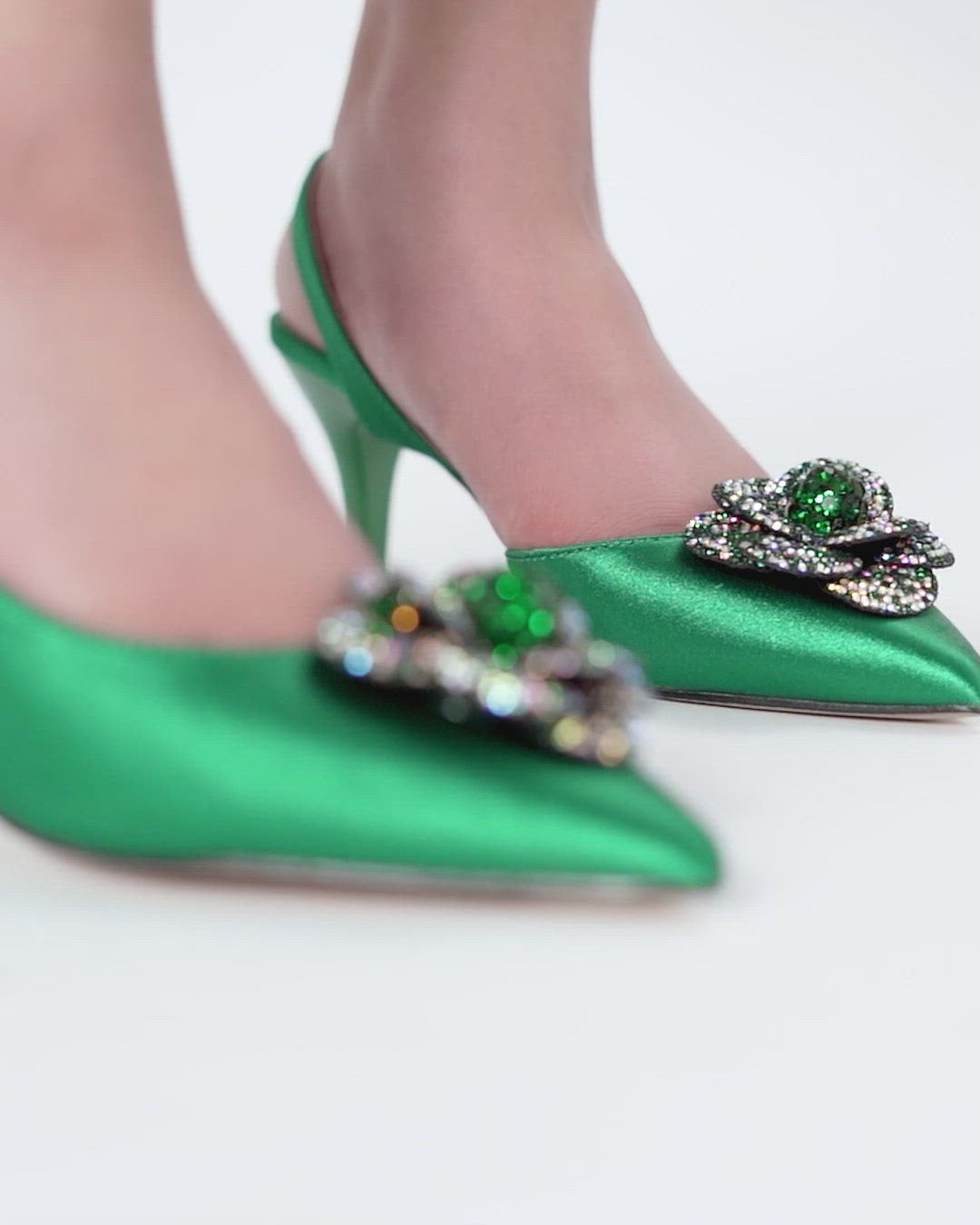 Women satin heels in green colour with flower diamante brooch by JULKE