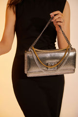Womens leather shoulder clutch bag in gun metal colour with muti chains by JULKE