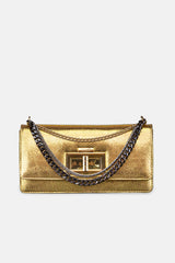 Womens leather shoulder clutch bag in gold with muti chains by JULKE