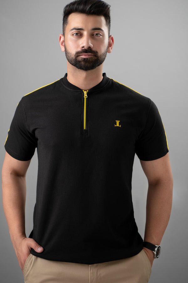 Mens summer polo in black colour with yellow zipper by JULKE