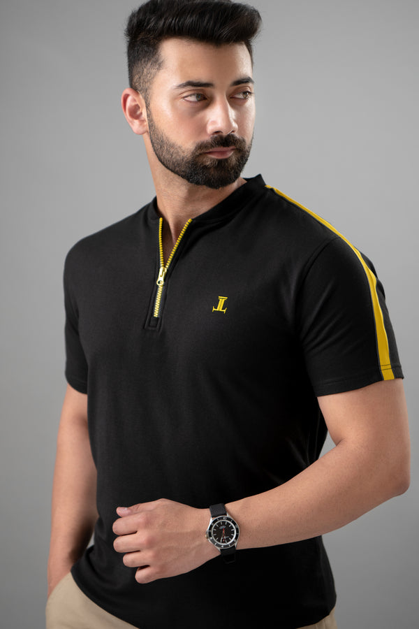 Mens summer polo in black colour with yellow zipper by JULKE