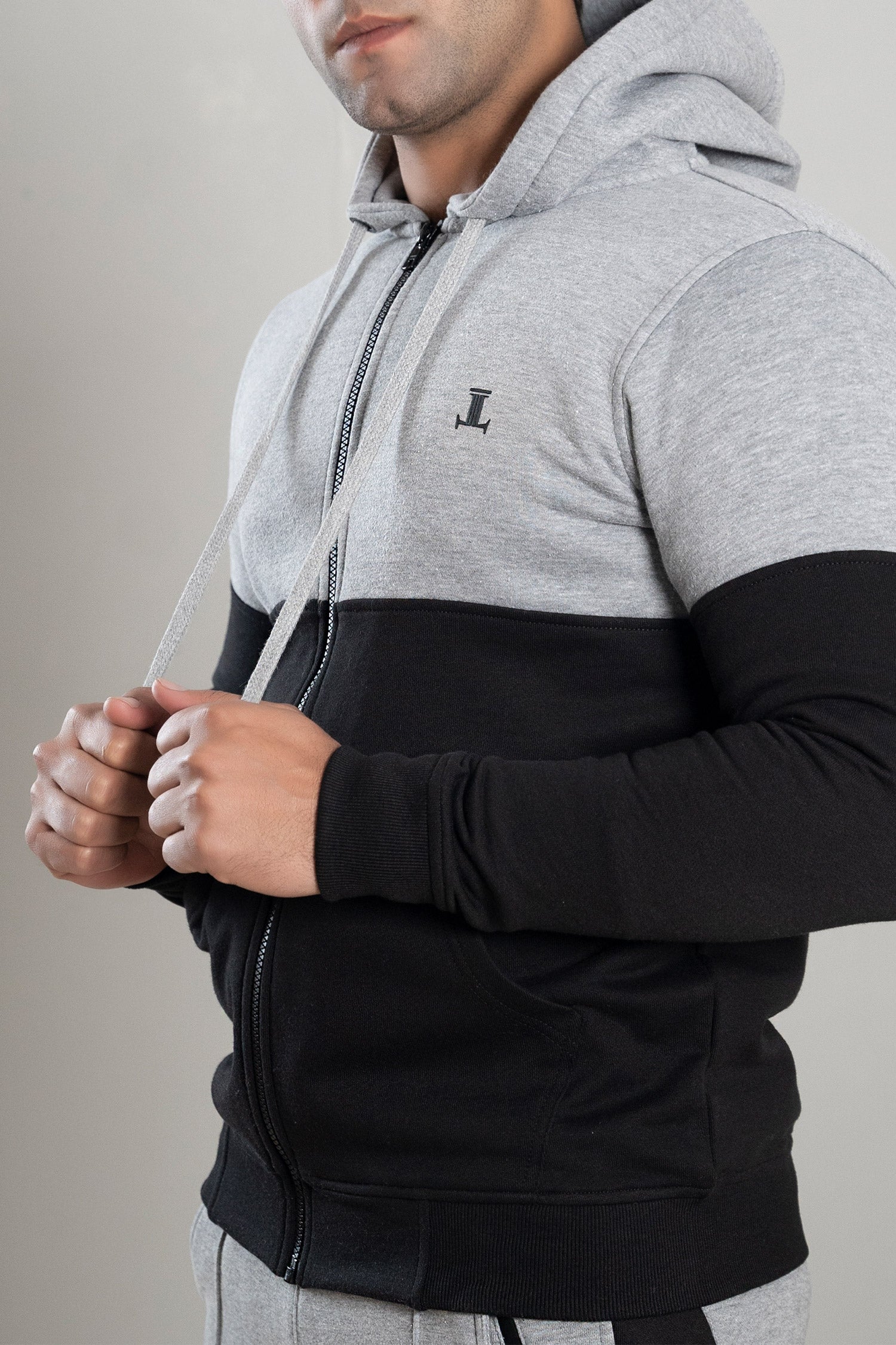 Mens winter hoodie in black and grey colour with fleece lining by JULKE