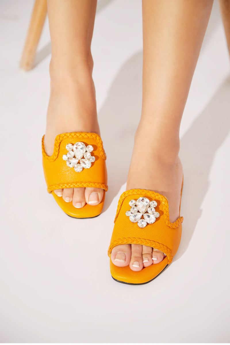 Flat summer shoes for women in mustard with rhinestones by JULKE