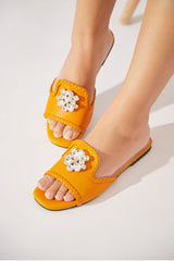 Flat summer shoes for women in mustard with rhinestones by JULKE