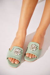 Flat summer shoes for women in light green with rhinestones by JULKE