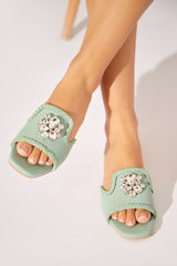 Flat summer shoes for women in light green with rhinestones by JULKE