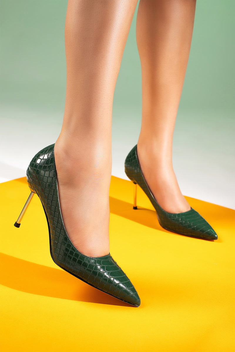 Women heels in dark green colour with croc texture by JULKE