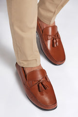 Mens original leather moccasins in tan colour with tassels by JULKE
