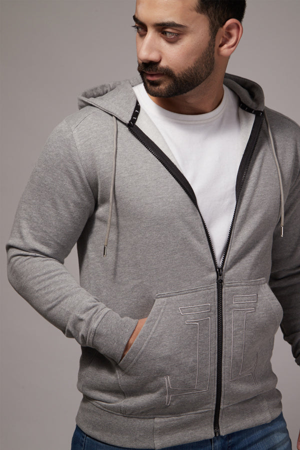 Mens Winter hoodie in light grey colour with printed brand logo by JULKE. 