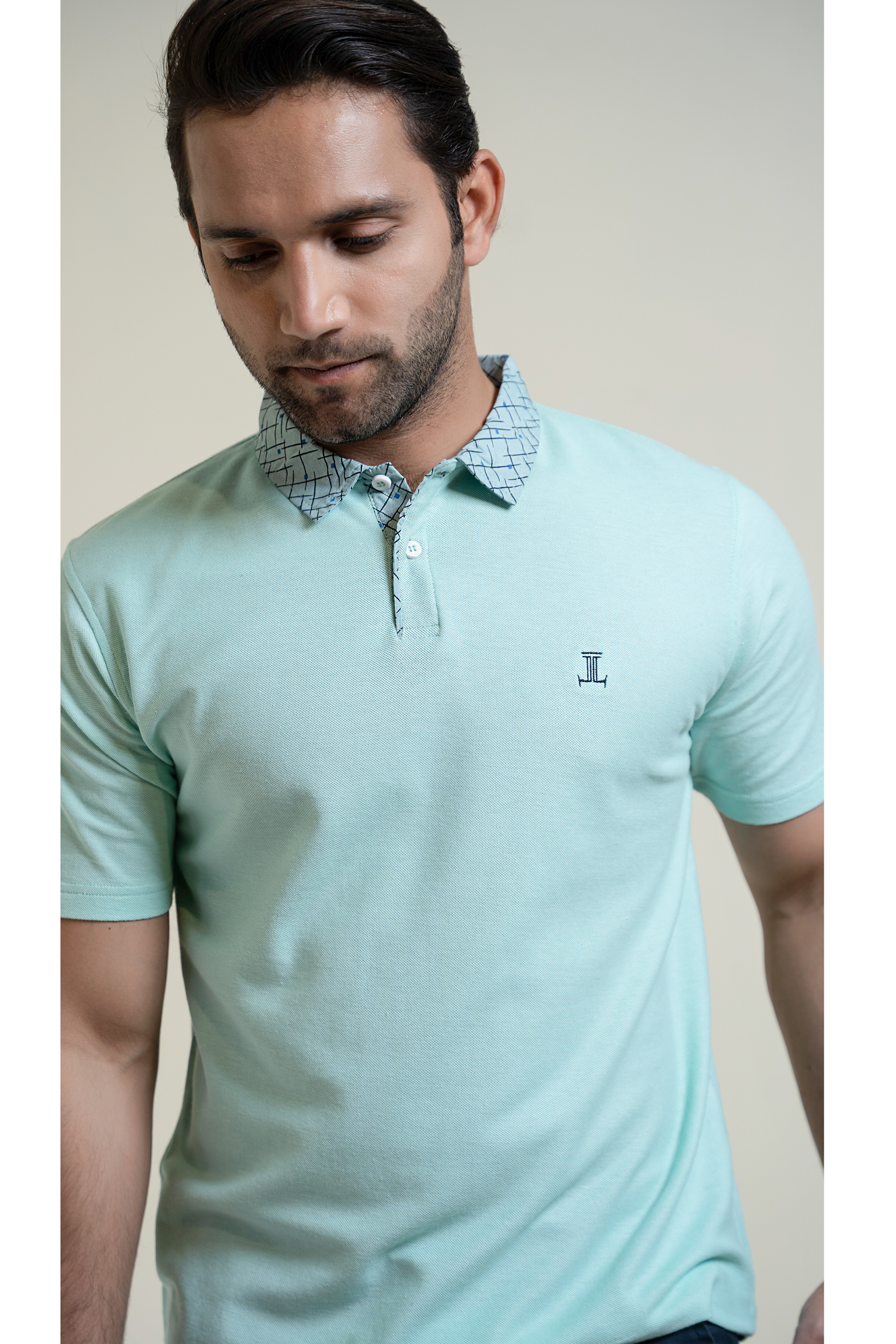 Mens polo shirt in mint green colour with checkered pattern collar by JULKE