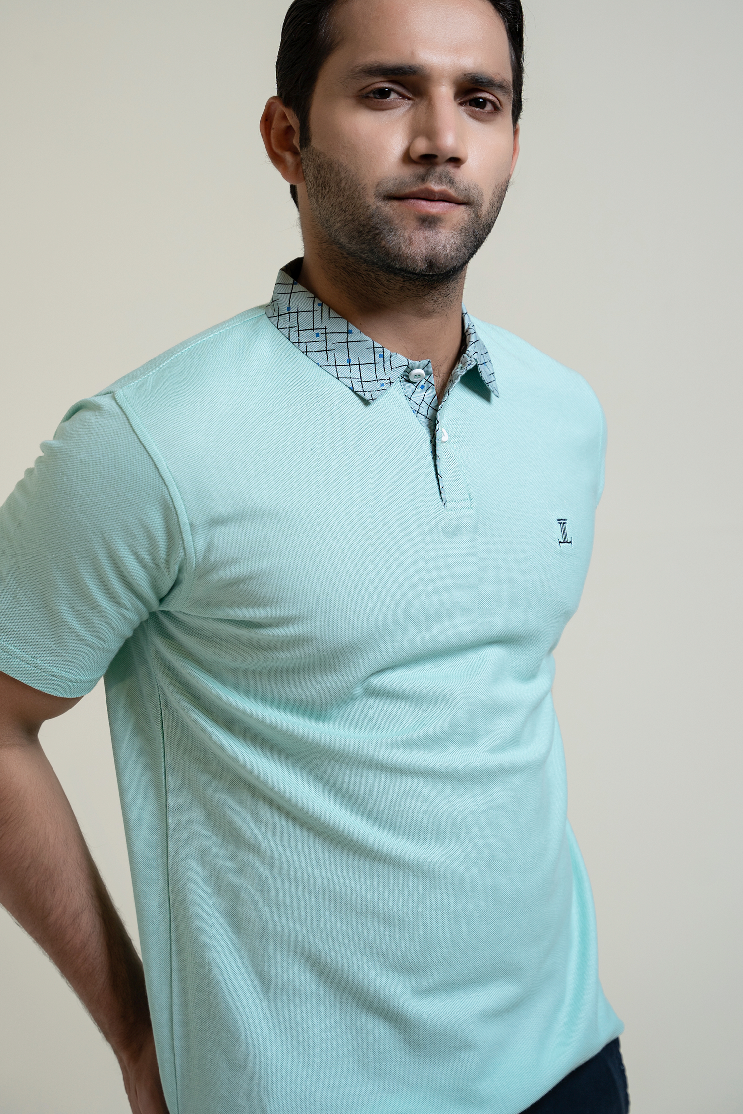 Mens polo shirt in mint green colour with checkered pattern collar by JULKE