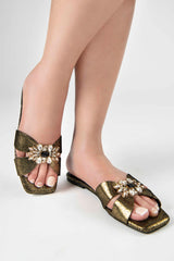 Women summer flats shoes in original leather in gold green colour with flower diamante brooch by JULKE