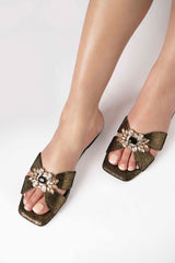 Women summer flats shoes in original leather in gold green colour with flower diamante brooch by JULKE
