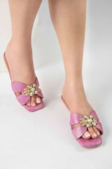 Women summer flats shoes in original leather in pink colour with flower diamante brooch by JULKE