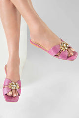 Women summer flats shoes in original leather in pink colour with flower diamante brooch by JULKE
