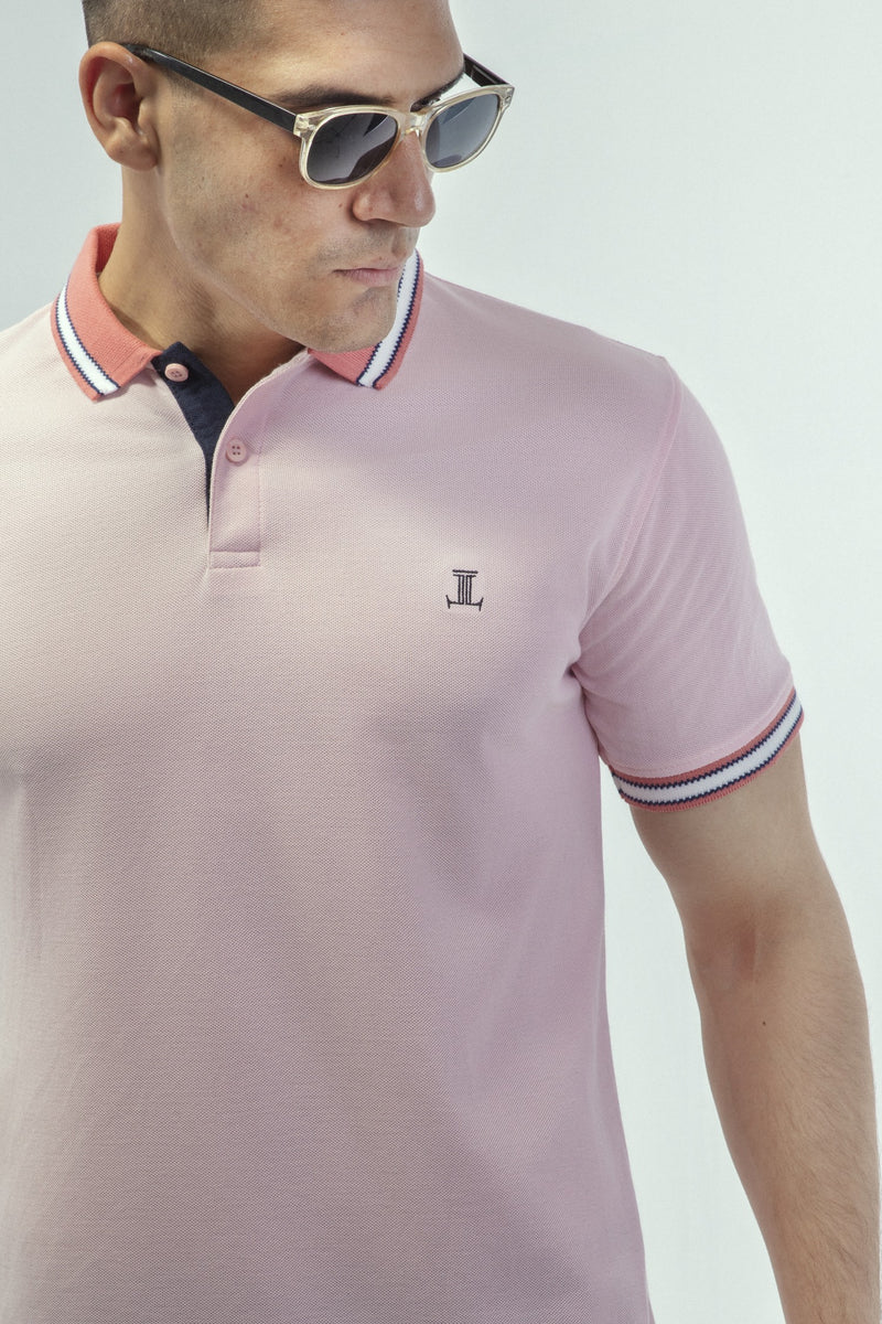 Mens summer polo shirt in light pink colour with collar bone by JULKE