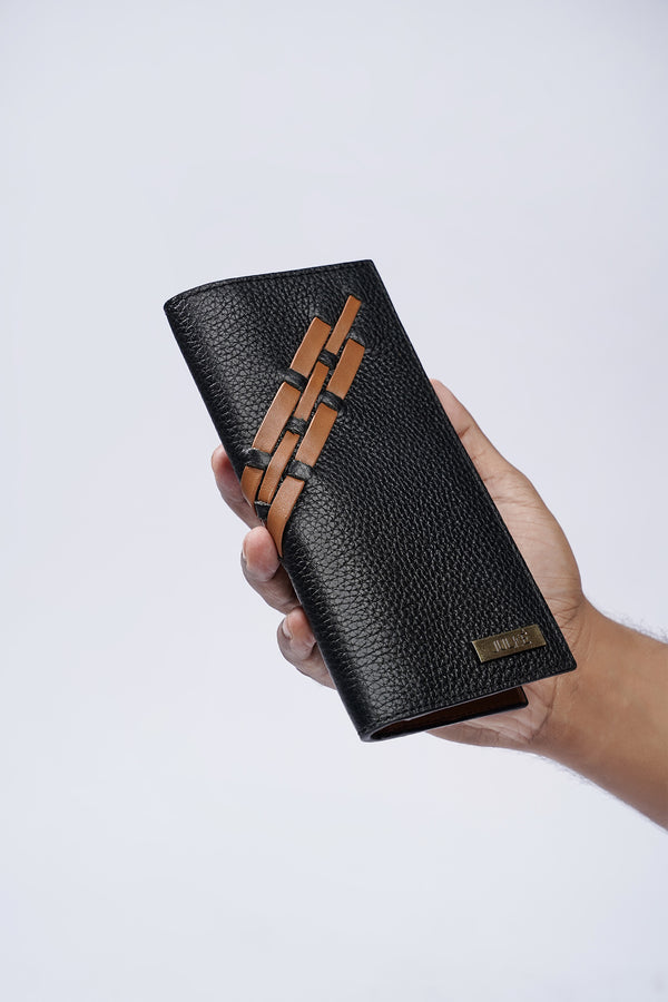 Mens leather long wallet in black colour with brown weaving by JULKE