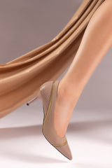 Women heels in beige colour with croc texture with zipper decoraton by JULKE