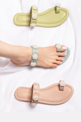 Women summer flat shoes in light blue green & pink with flower pearls by JULKE