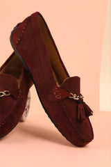 Womens winter moccasins in dark plum colour with chain and tassels by JULKE