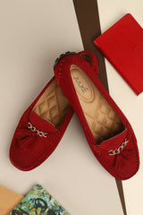 Womens winter moccasins in beet red with chain and tassels by JULKE