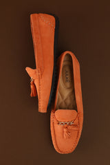 Womens winter moccasins salmon pink colour with chain and tassels by JULKE