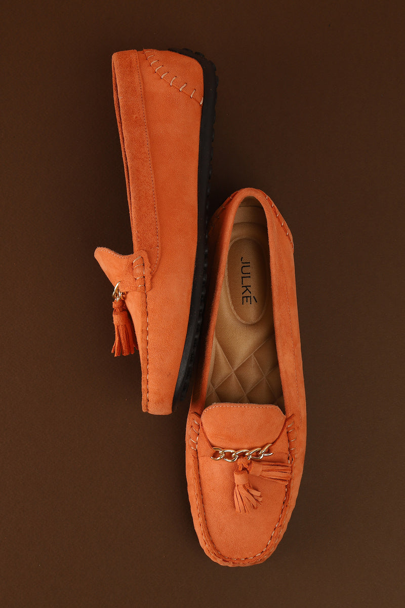 Womens winter moccasins salmon pink colour with chain and tassels by JULKE