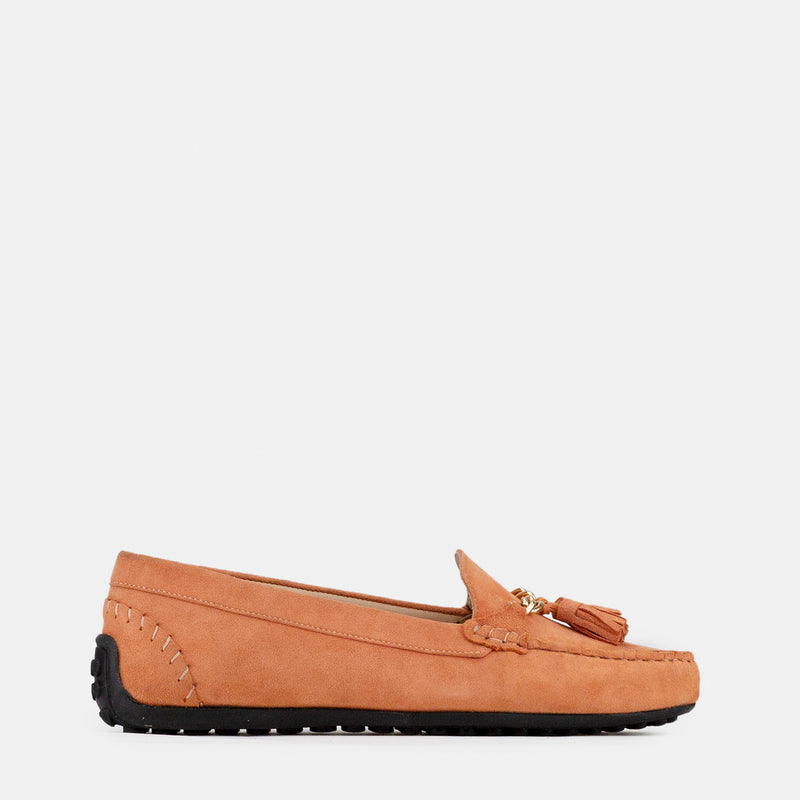 Womens winter moccasins salmon pink colour with chain and tassels by JULKE