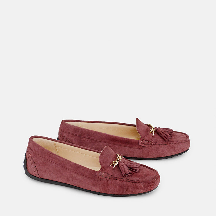 Womens winter moccasins velvet berry colour with chain and tassels by JULKE