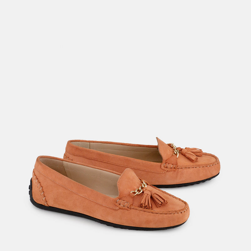 Womens winter moccasins salmon pink colour with chain and tassels by JULKE
