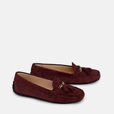 Womens winter moccasins in dark plum colour with chain and tassels by JULKE