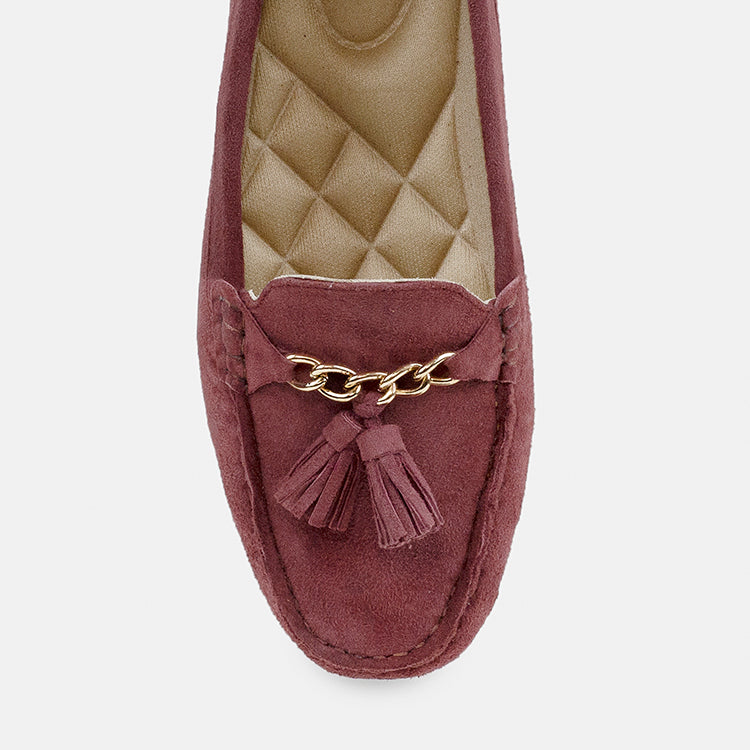Womens winter moccasins velvet berry colour with chain and tassels by JULKE