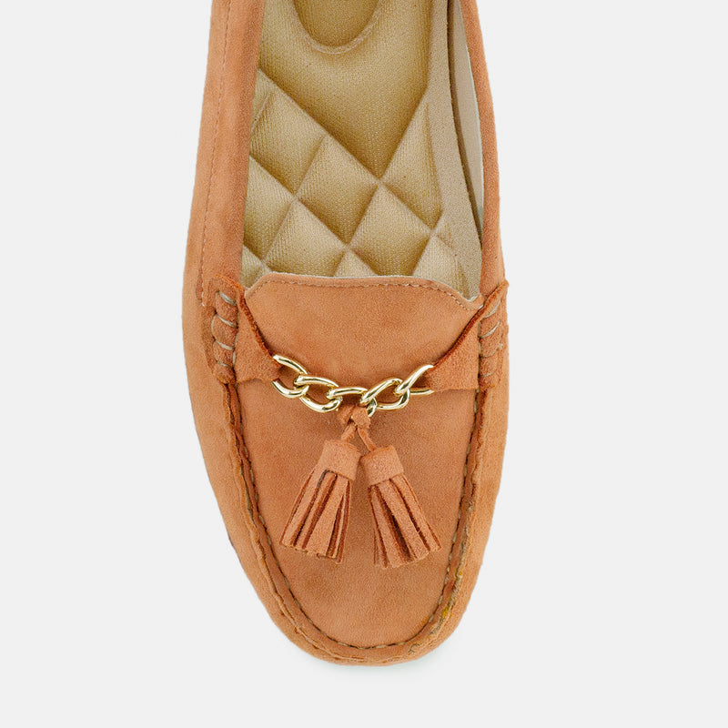 Womens winter moccasins salmon pink colour with chain and tassels by JULKE