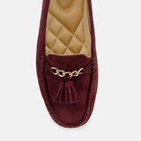 Womens winter moccasins in dark plum colour with chain and tassels by JULKE