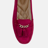 Womens winter moccasins in beet red with chain and tassels by JULKE