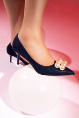 Women heels in dark blue colour with pearl brooch by JULKE