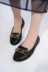 Womens winter flat pumps in black colour with snake print and gold chain by JULKE