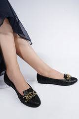 Womens winter flat pumps in black colour with snake print and gold chain by JULKE