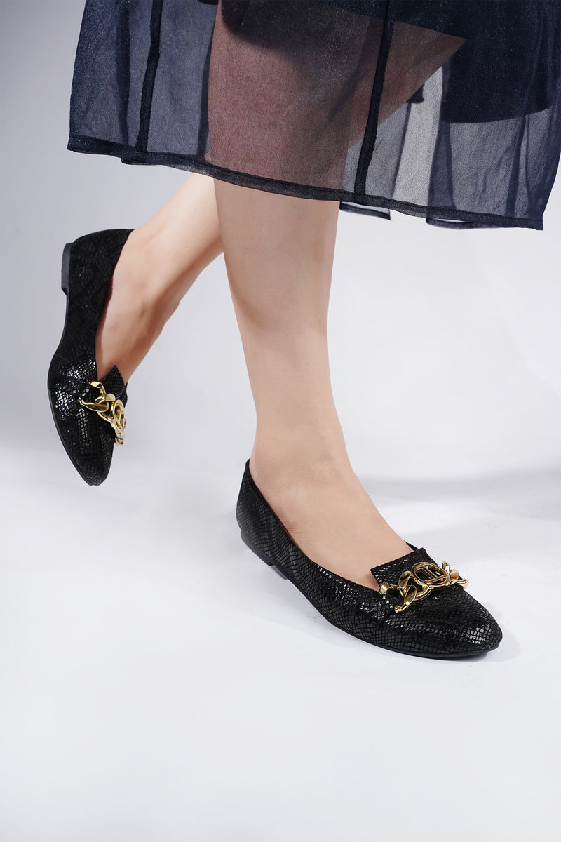 Womens winter flat pumps in black colour with snake print and gold chain by JULKE