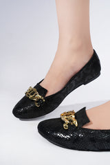 Womens winter flat pumps in black colour with snake print and gold chain by JULKE