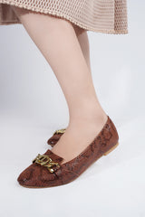 Womens winter flat pumps in brown colour with snake print and gold chain by JULKE