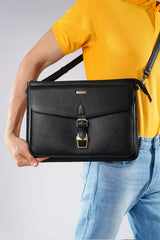 Leather laptop sleeve in black colour with shoulder strap by JULKE