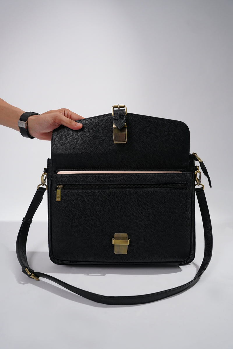 Leather laptop sleeve in black colour with shoulder strap by JULKE