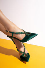 Women slingback heels in dark green colour with diamante strap by JULKE