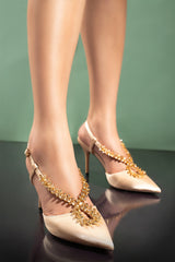Women slingback heels in light gold colour with diamante strap by JULKE