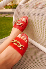Women summer flat shoes in original leather with red colour and chain buckle by JULKE