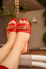 Women summer flat shoes in original leather with red colour and chain buckle by JULKE